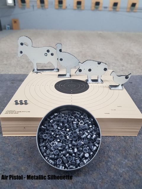 Air pistol silhouette targets on a 10 metre target card, with a tin of pellets